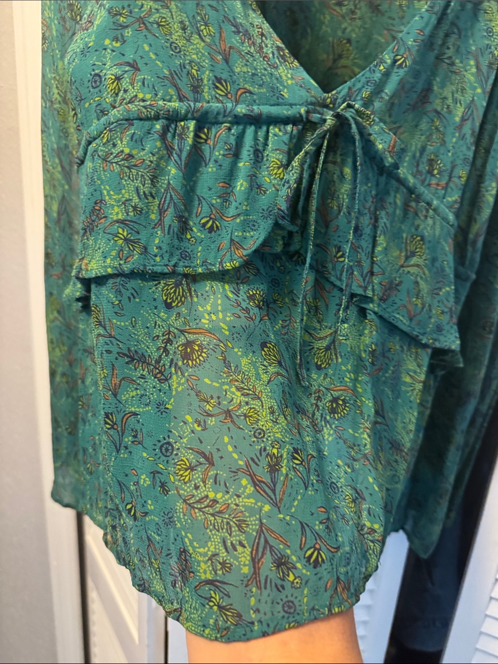 Free People Sheer Teal Green Printed V-Neck Tie-Front Blouse - Picture 5 of 9